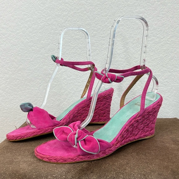 Stuart Weitzman Pink Espadrilles Suede Bow Wedge Heels - Picture 2 of 11